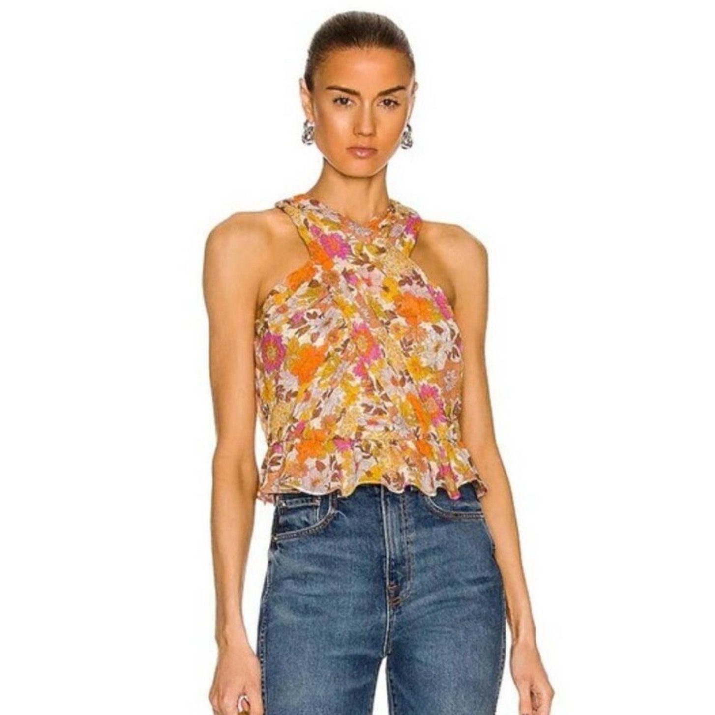 Veronica Beard Kailani Top Size 2 Silk Garden Orange Floral Georgette
